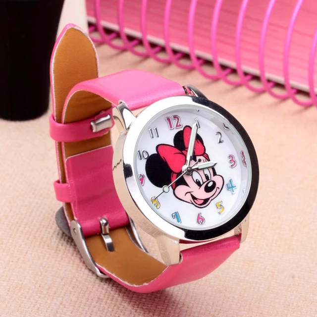 Montre Mickey Minnie Mode Quartz Disney Cartoon Cuir Bijoux Fille