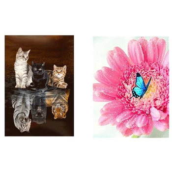 

2 Set 5D DIY Diamond Painting Embroidery Cross Stitch 5D Home Decor Gift, Animal Cat & Butterfly Flowers
