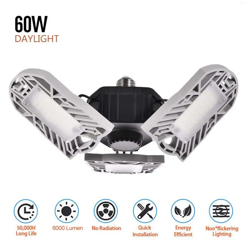60W LED Work Light 6000LM IP65 Waterproof Rotating Three LED SMD Garage Light High Bay Lamp Warm Light For Outdoor Lighting