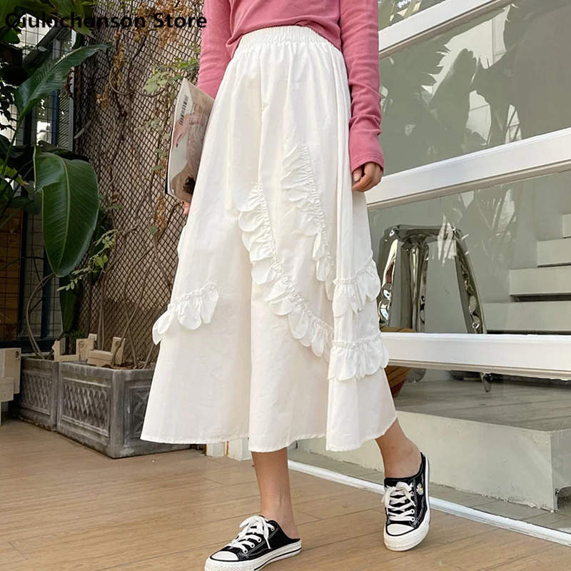 

Cute Petaloid Ruffle Lolita Skirt Women Spring Autumn Japan Style Kawaii Elastic High Waist A-Line Long Midi Skirts Teen Girls