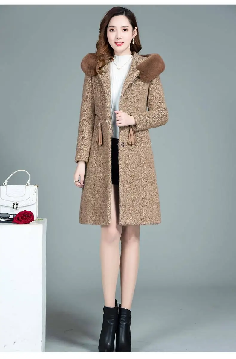 Women Autumn Winter Imitation Mink Cashmere Knitted Cardigan With Faux Fur Collar Sweaters Female Casual Hooded Outwear H74
