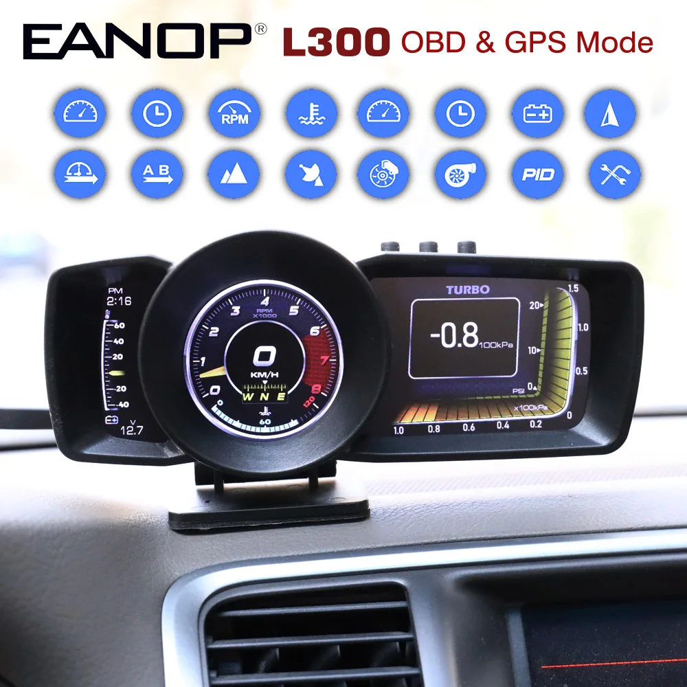 EANOP HUD OBD2+GPS Head Up Digital LCD Display Auto Scanner Trip Computer Accelorator Turbo Brake Test  For Universal Cars L300