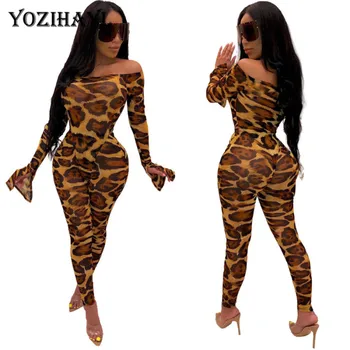 

Women 2 Piece Outfits Matching Sets Off Shoulder Long Sleeve Strapless Sexy Leopard Bodysuits Skinny Full Length Pants
