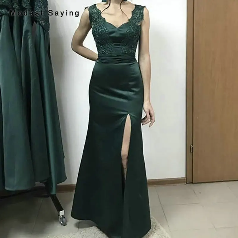 dark Green Темно-зеленое Русалка кружевное платье подружки невесты с разрезом Формальные женские атласные подружки невесты платья со шнуровкой для выпускного вечера - Цвет: dark Green