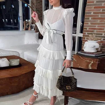 

AELESEEN Runway Fashion White Dress 2020 Women's Long Sleeve Spring Summer Dress Ruffles Belt Bow Pleated Party Holiday Dress