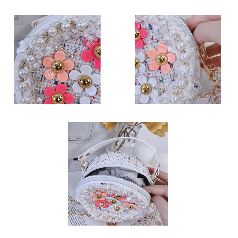 Baby Girls Flower Pearl Print Purse Handbag Children Kids Cross-body Shoulder Bag Gifts Fashion Girl PU Shoulder Messenger Bag
