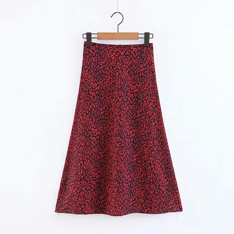 

WOMEN'S Dress Skirt Mid-length Slim Fit Slimming Europe And America Red Leopord Pattern Satin A- line Skirt