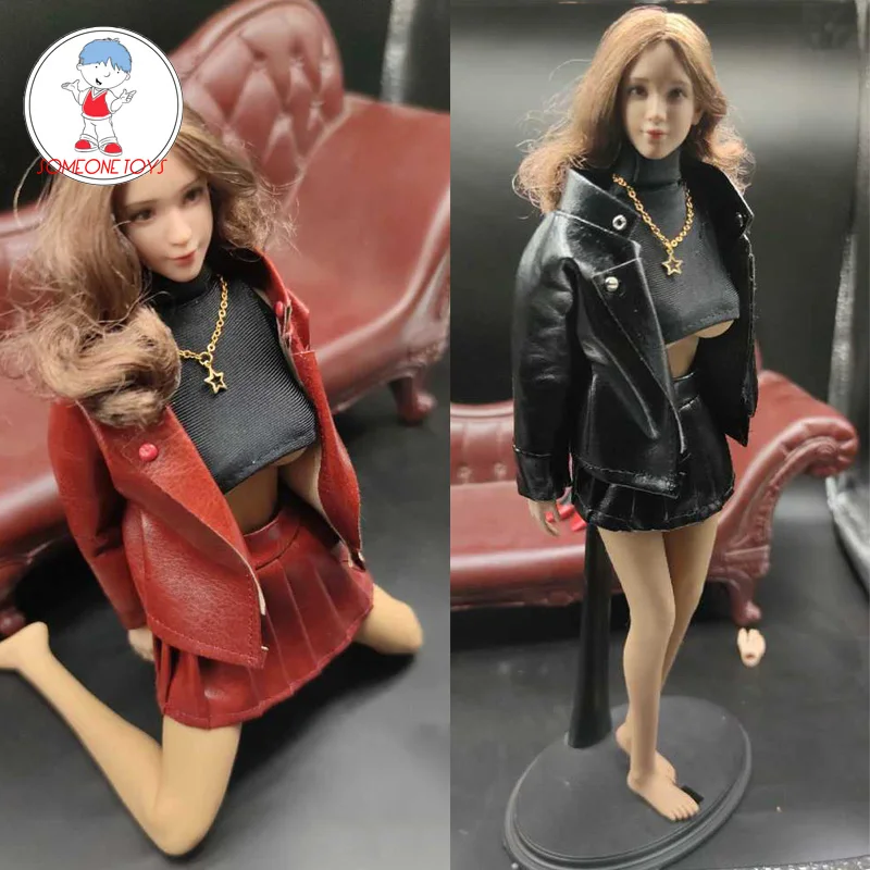 Фигурка женщины солдата масштаб 1/6 черная красная кожаная куртка клетчатая юбка