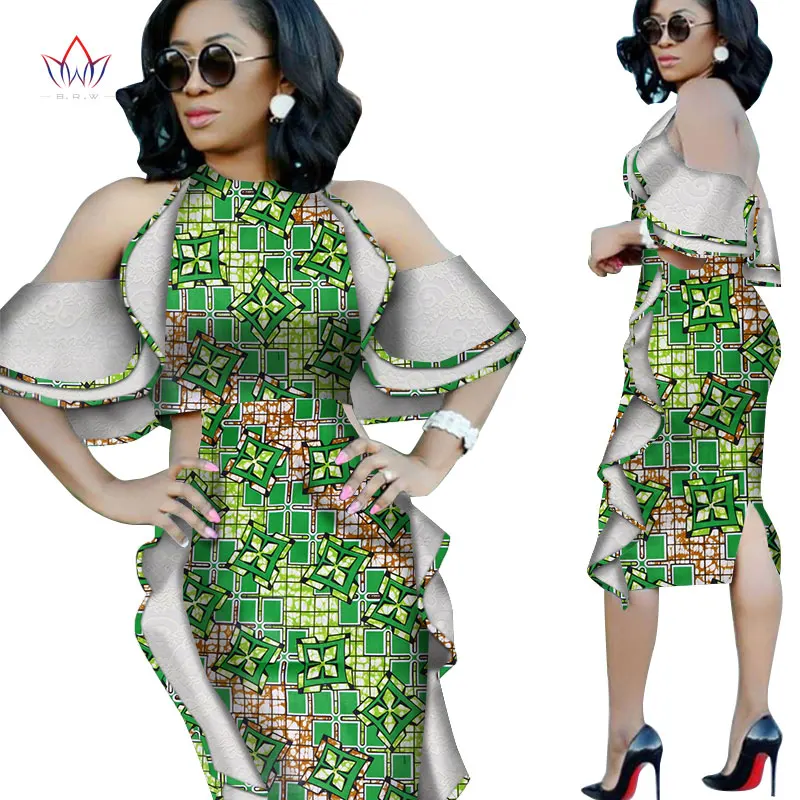Новая мода Дашики африканские платья для женщин Базен Riche Анкара принт с открытыми плечами кружевные платья Женская африканская одежда WY4976 - Цвет: 1