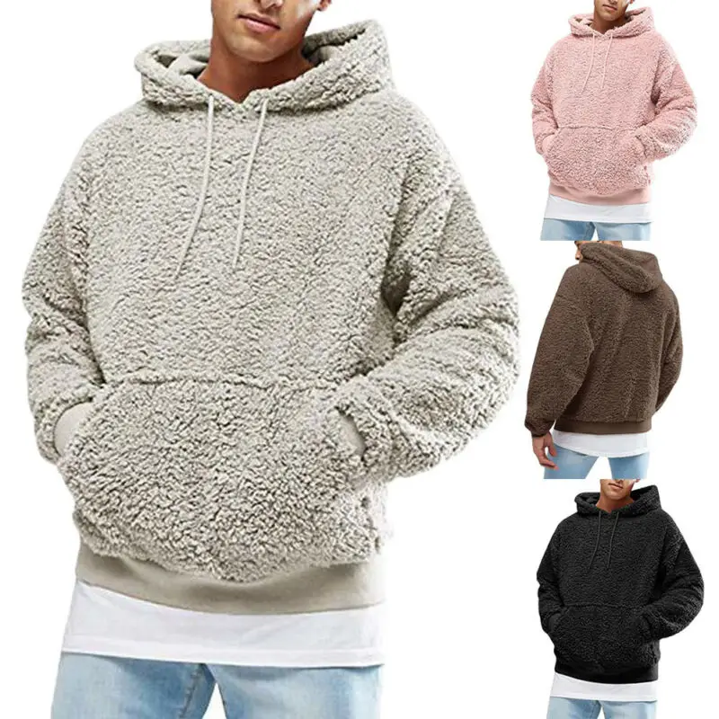 Mens Hoodies Sweatshirt Winter Warm Faux Fur Teddy Bear Long Sleeve Hooded Hoodie Tops Pullover Jumper Sweatshirts Men One Piece