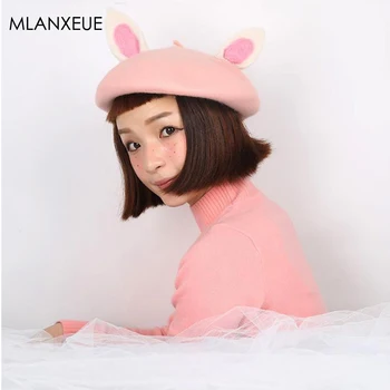 

Wool Felt Berets Women Fashion Valentine'S Day Gift Cute Bunny Ears Winter Hat For Ladies Handmade Vintage Pink Caps Headdress