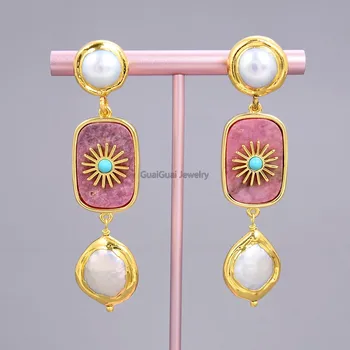 

GuaiGuai Jewelry Freshwater White Pearl Coin Natural Rhodochrosite Rising Sun Glod Plated Pearl Stud Earrings