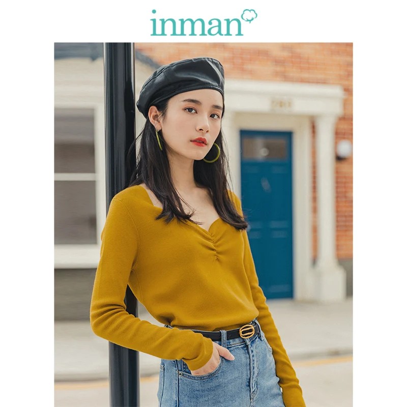 

INMAN 2019 Autumn New Arrival Young Literary Style Minimalism Elegant Long Sleeve All Matched Slim Solid Women Pullover