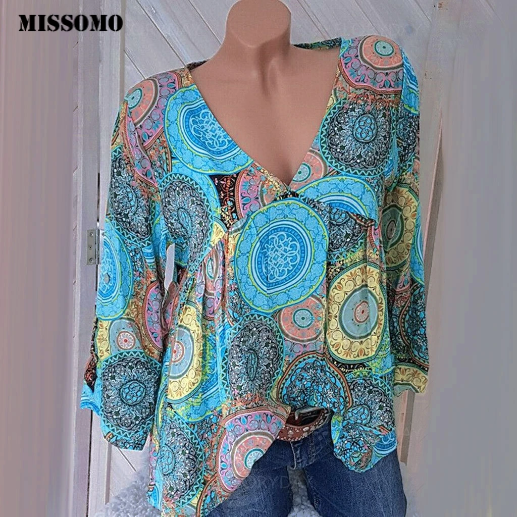 

MISSOMO T shirt Women Plus Size Print Long Sleeve V-neck Bohemian Loose Pullover Tops Shirt women tshirt vestidos mujer verano 7