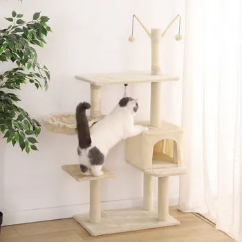 

Finether 53.1" Muti-Tier Beige Cat Tree Towel Cat Play Furniture Scratching Posts Playhouse with Perches and Basket Climb Play