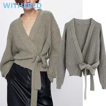 

Dave&Di spring cardigans women england simple solid v-neck sashes loose short cardigans women knitted jacket swetaers women tops