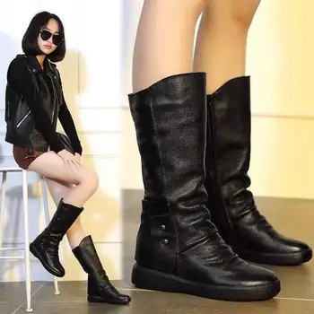 

2020 new winter shoes leather ms Martin boots thick bottom side zippers in cylinder flat boots a undertakes