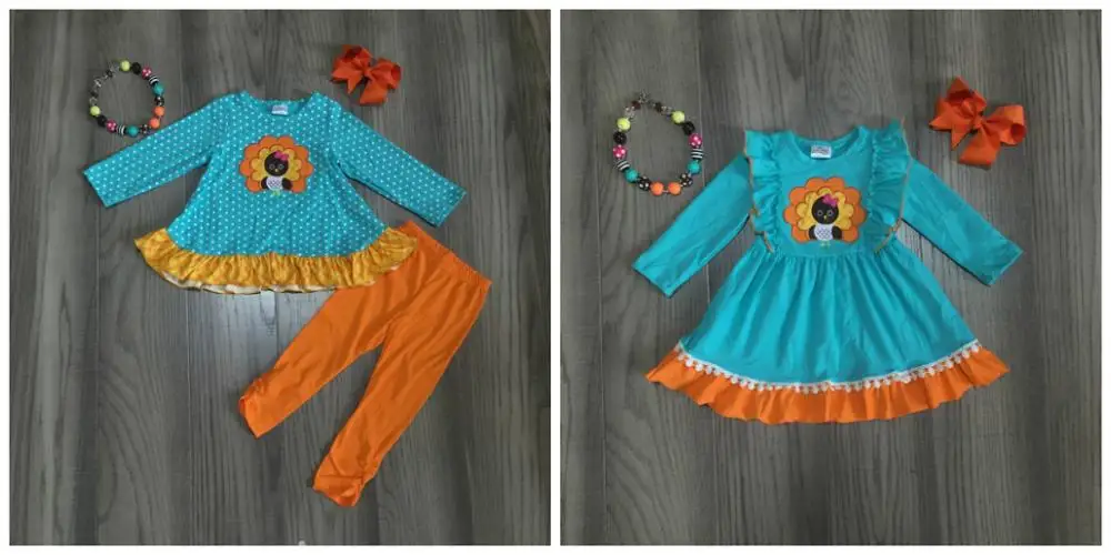 Осенне-зимняя детская одежда для маленьких девочек на День Благодарения, хлопковое синее платье с оборками в виде индейки, комплекты со штанами, подходящие аксессуары