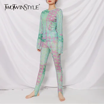 

TWOTWINSTYLE Patchwork Print Hit Color Women's Teo Piece Set O Neck Long Sleeve Tops High Waist Pants Slim Sets Female 2020 Fall