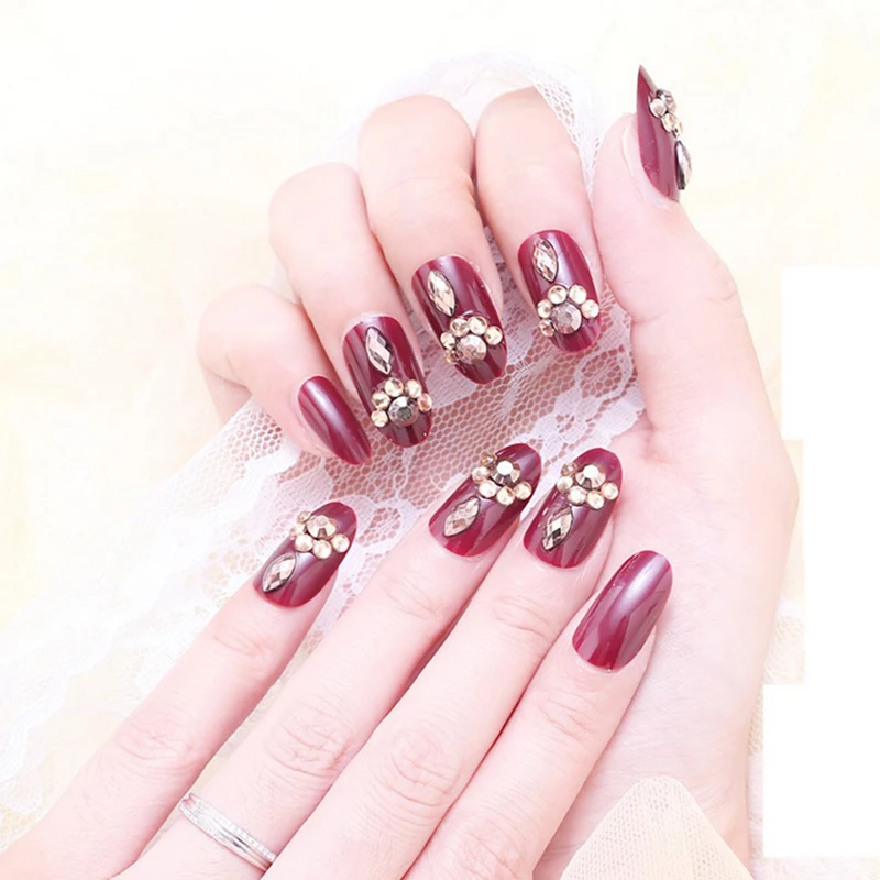 24Pcs/box Wedding Shining Rhinestone False Nails Bride Short Fake Nails