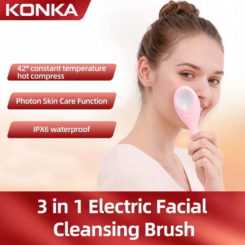 

KONKA Face Cleansing Brush, 3 in 1 Electric Facial Cleansing Brush IPX6 Waterproof Silicone (pink)