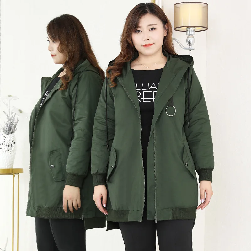 

Spring Autumn 4XL To 10XL Extra Oversized Jacket Women Army Green Hooded Windbreaker Long Sleeve Zipper Casual Coats T20123T
