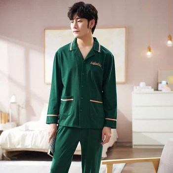 

Simple design men full sleeves pure cotton print pajamas fashion turn-down collar men leisure wear male long pants sleepwear new