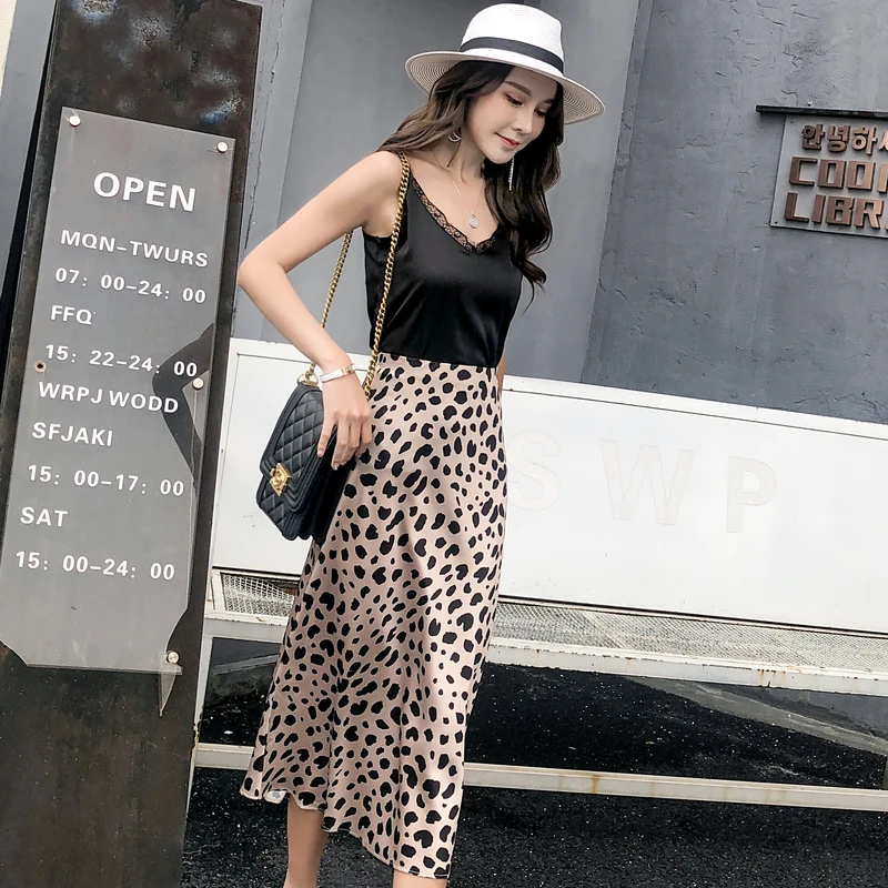 Midi Skirts Leopard Skirt With Shirt TingYiLi Leopard Print Silk