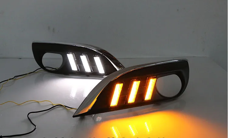 EOsuns led drl дневные ходовые огни для peugeot 308 2012- с динамическим движущимся желтым поворотным сигналом и синим ночным светом