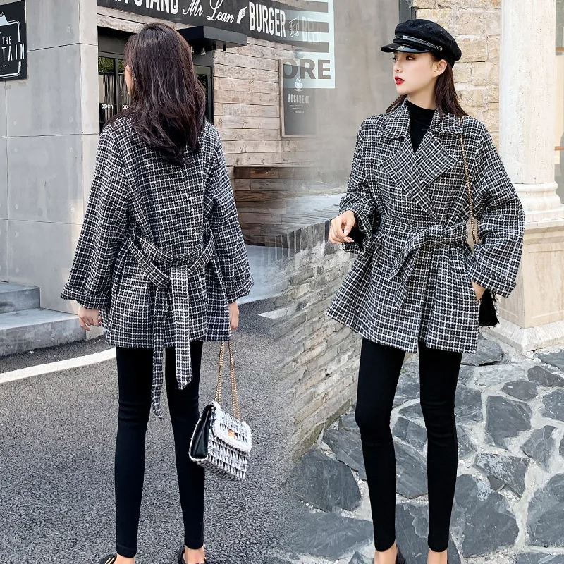 

2019 Autumn And Winter Retro Plaid Woolen Suit Jacket Women's Short Lace-up Waist Hugging Loose-Fit Elegant Woolen Overcoat Fash