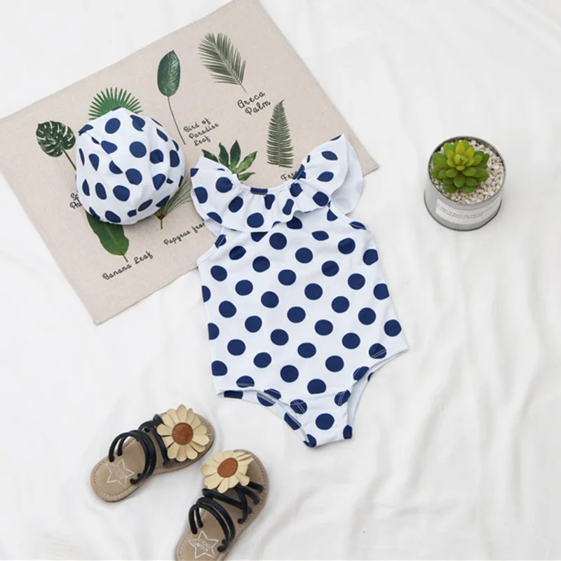 

2020 Childrenswear Summer New Style Girls Solid Color Blue with Dots Cute Korean-style One-piece Swimming Suit Baby Cute Bathing