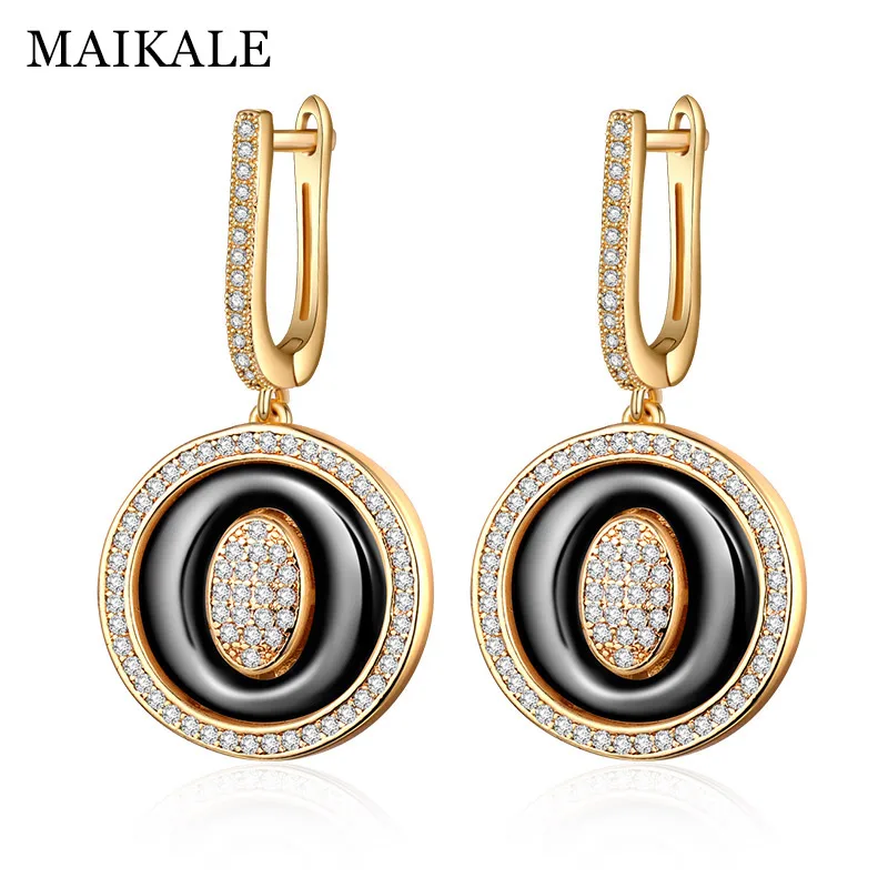 MAIKALE Luxury Korean Earrings Round Black Ceramic Cubic Zirconia Gold Big Drop for Women Charm Gifts | Украшения и аксессуары