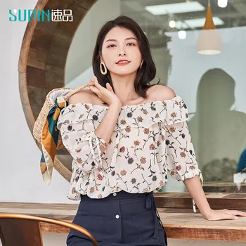 

SUPIN Women T Shirt Mid Sleeves Off-the-shoulder Floral Fashion Spot Classical Streetwear Cool Female Top 518227025