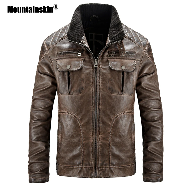 Mountainskin зимняя осенняя кожаная куртка Мужская с подкладкой Байкерская