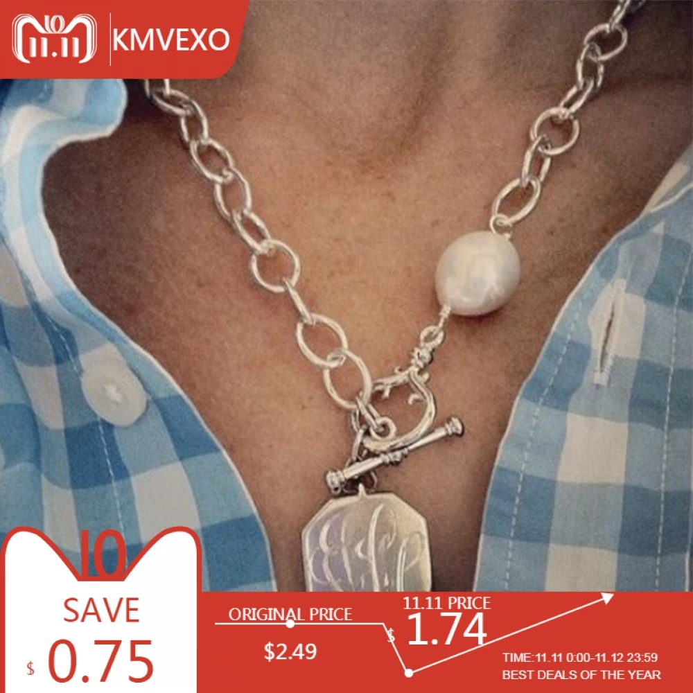 KMVEXO 2019 Новая мода Серебристые цепи неровный жемчуг цепочки и ожерелья геометрический металлический замок Подвески s для женщин Bijoux