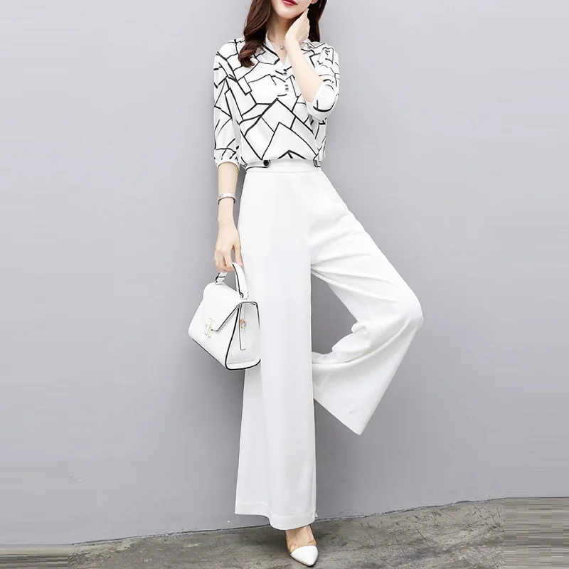 

2019 New Women Summer Suits Blouse Shirt Two Piece Pant Set Loose Elegant Chiffon Tops White Wide Leg Pants 2 Piece Set Women