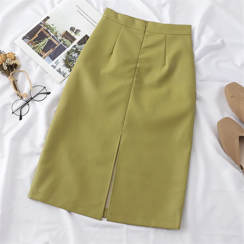 Gowyimmes New Autumn Winter Fashion Sexy Women Split PU Skirt Lady High Waist Skirts Female Midi Long Pencil Skirt Big Size P595