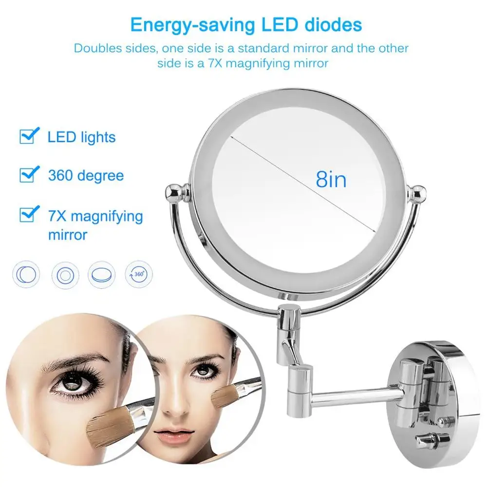  8 Inch LED Bathroom Cosmetic Mirror Knob Type Round Makeup Mirrors Adjustable Wall Mount 7x Magnify - 4000145306965