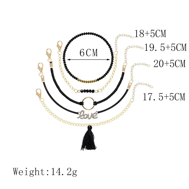 NEWBUY 5 шт./компл. Винтаж в богемном стиле Стиль& браслет золото Цвет звено цепи и черной нитью в виде любовь браслет с кисточкой для Для женщин