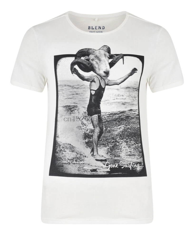 New Blend Mens Surf Beach Summer Print T-Shirt Jersey Cotton Top Cream Beige | Мужская одежда