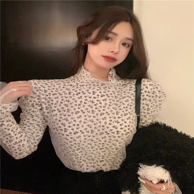 

chic retro floral print spring tops elegant fashion slim fitted shirt+mesh transparent all-match solid bottoming shirt 2021 new