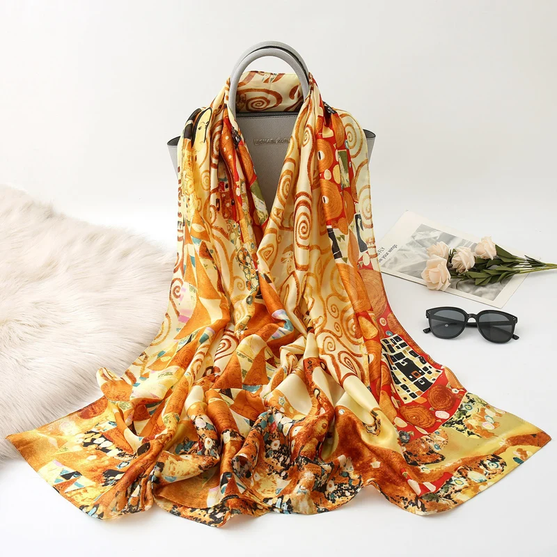 Visual Axles Gustav Klimt Oil Painting Silk Scarf The Tree Of Life Shawl Foulard for Women Bandana Spring Scarves 2