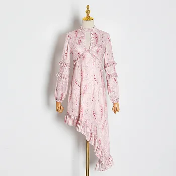 

2020 Australia Pai Li Collar Bubble Sleeve Printing Lace Hollow Out Irregular Lotus Leaf Edge Dress Female
