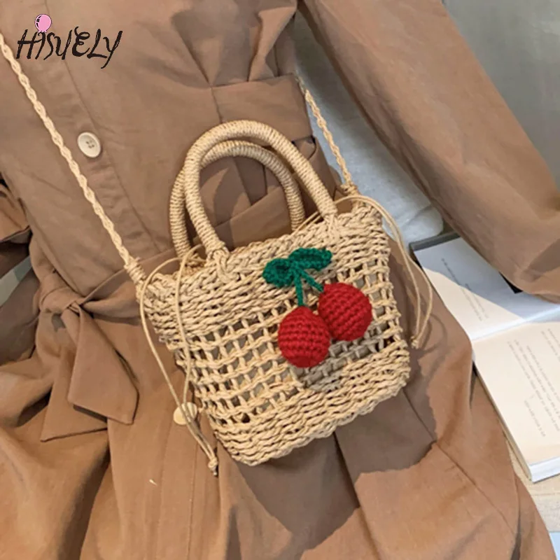 Cherry Small Straw Bucket Bags For Women New Fashion Handbag Seaside  Vacation Beach Bag Girls Shoulder Messenger Bag - AliExpress