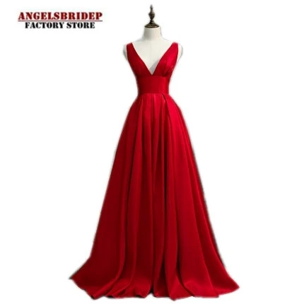 

Sexy Deep V-Neck Long Evening Dress Party Gowns A-line Satin Empire Waist Floor-Length Suknie Wieczorowe Formal Robe De Soiree