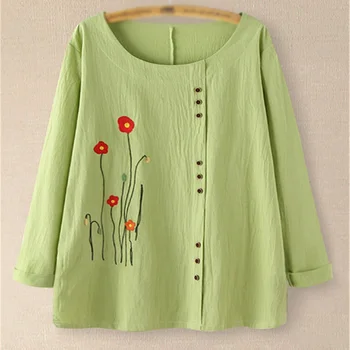 

Summer Autumn Plant Full Sleeve Women Shirts Lady Cotton Linen Vintage Flower Plus Size Tops Female Casual Loose Oversized