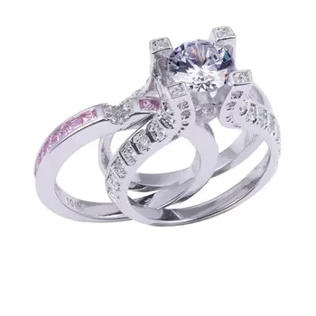 

Luxury 925 Sterling Silver ring set 2-in-1 women Pink Princess-cut 5a Zircon Wedding Anniversary Bride Rings Finger Girl Gift