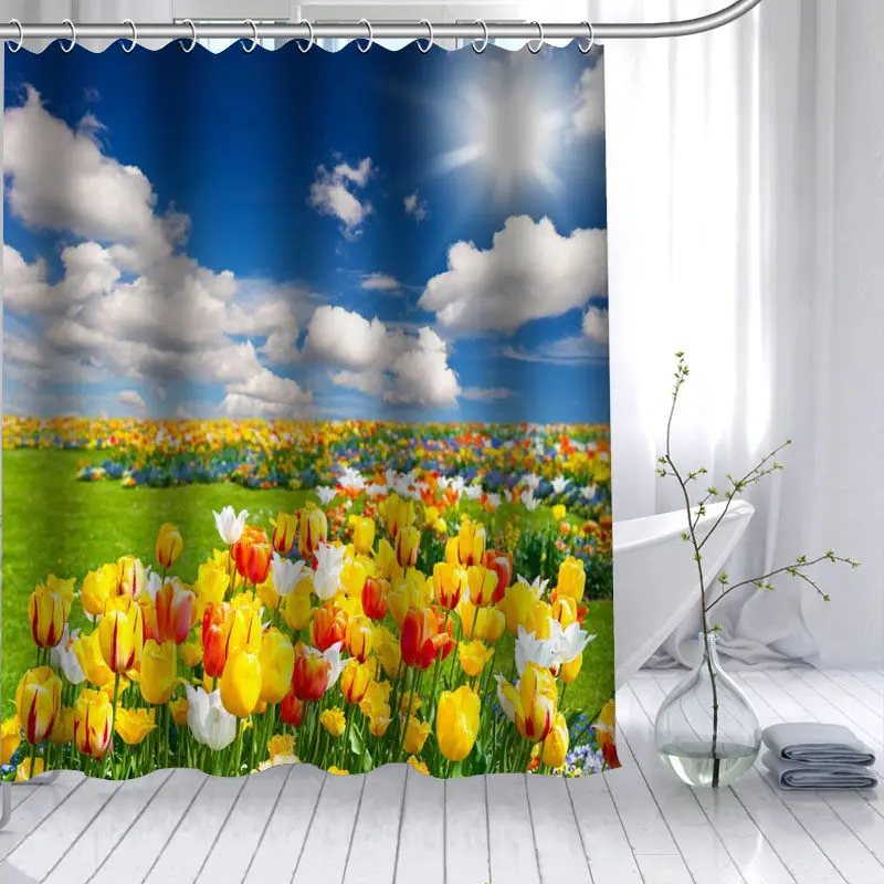 New Arrival Tulips Flower Shower Curtain Polyester Fabric High Defintion Print Bathroom Curtain Waterproof 12 Hook Bath Curtain - Color: 5
