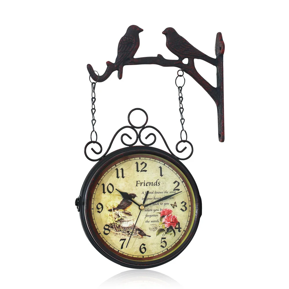 Металлические настенные часы в деревенском стиле с двойным лицом, винтажные классические железные художественные настенные часы для гостиной
