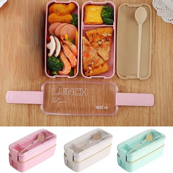 

3-Layer Portable Wheat Straw Lunch Box Food Storage Case Container Dinnerware Microwave Bento Box For Student School Office Home